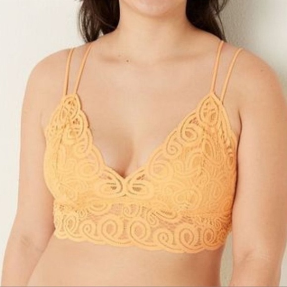 PINK VICTORIA’S  SECRET Yellow Crochet Lace Bralette Adjustable Straps - Picture 1 of 7